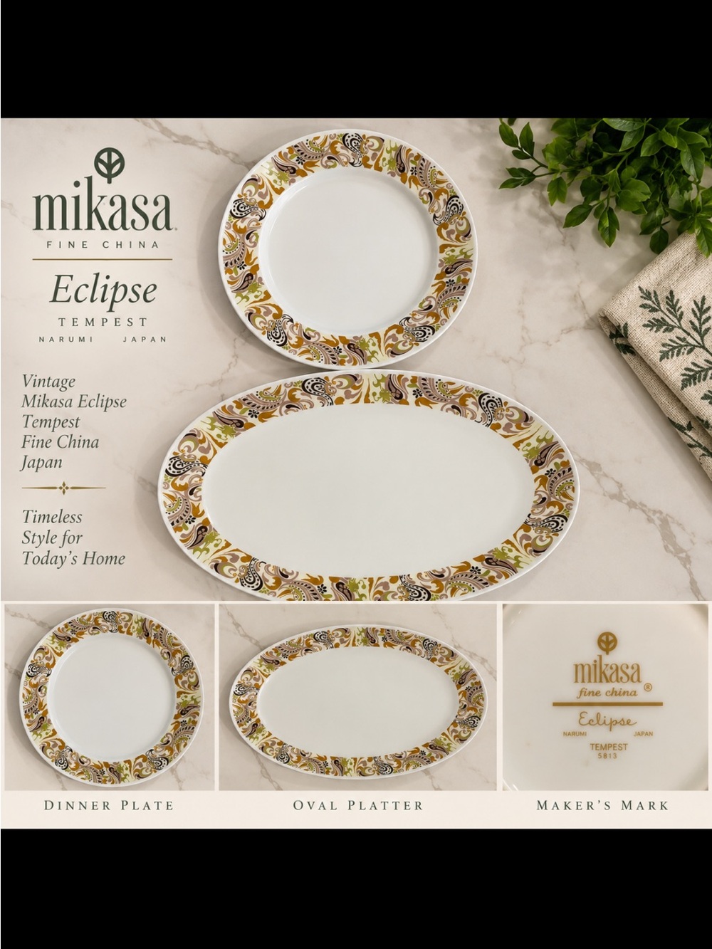 Mikasa Eclipse Gold and Brown Paisley Fine China 4 Dinner Plates & Oval Platter